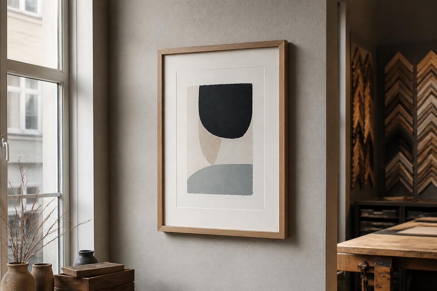 Close detail of an oak picture frame corner